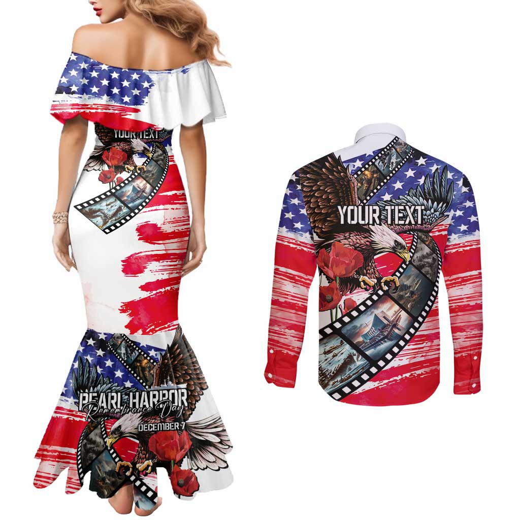 Pearl Harbor Remembrance Day Personalized Couples Matching Mermaid Dress and Long Sleeve Button Shirt Lest We Forget - The Bald Eagle Remembers - Polynesian Pride
