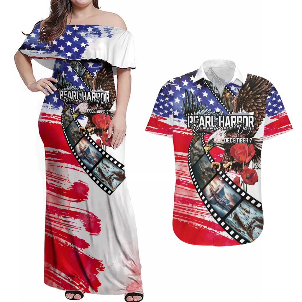 Pearl Harbor Remembrance Day Personalized Couples Matching Off Shoulder Maxi Dress and Hawaiian Shirt Lest We Forget - The Bald Eagle Remembers LT03 White - Polynesian Pride