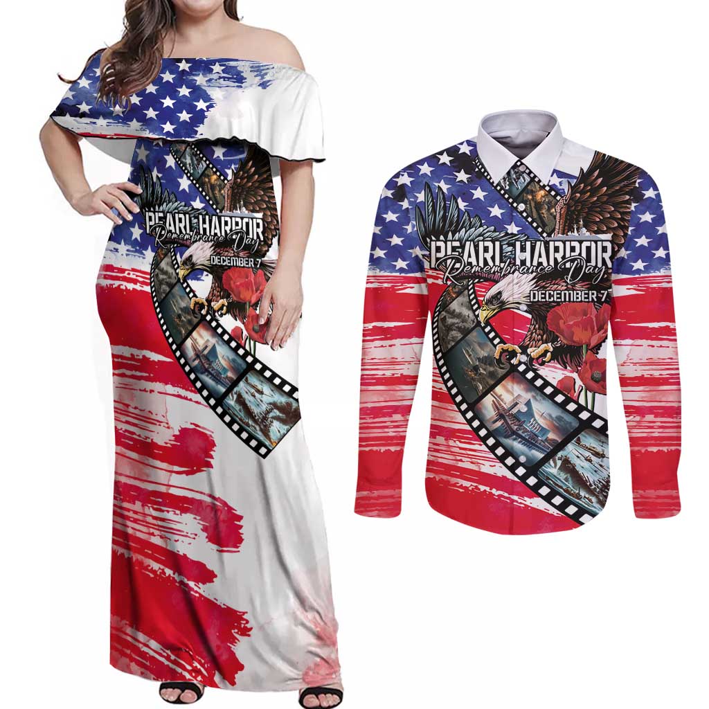 Pearl Harbor Remembrance Day Personalized Couples Matching Off Shoulder Maxi Dress and Long Sleeve Button Shirt Lest We Forget - The Bald Eagle Remembers LT03 White - Polynesian Pride