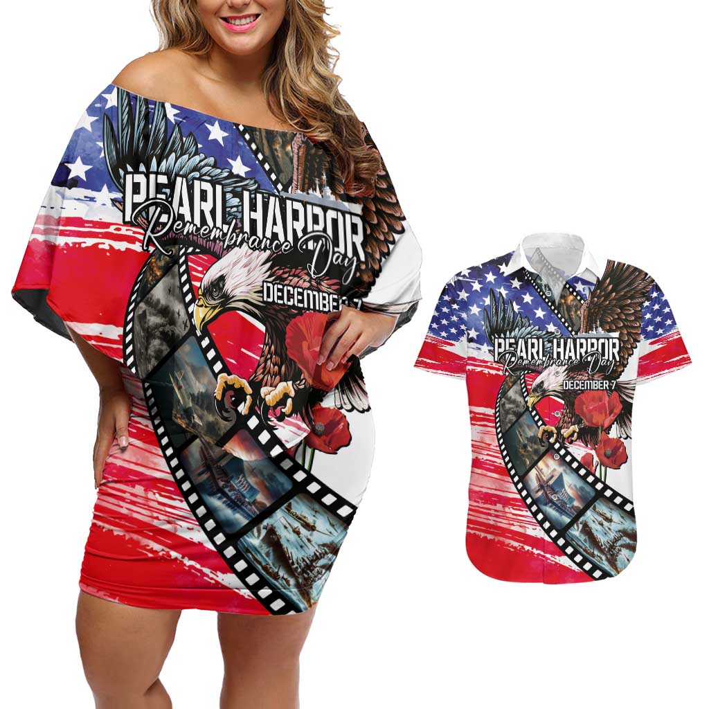 Pearl Harbor Remembrance Day Personalized Couples Matching Off Shoulder Short Dress and Hawaiian Shirt Lest We Forget - The Bald Eagle Remembers LT03 White - Polynesian Pride
