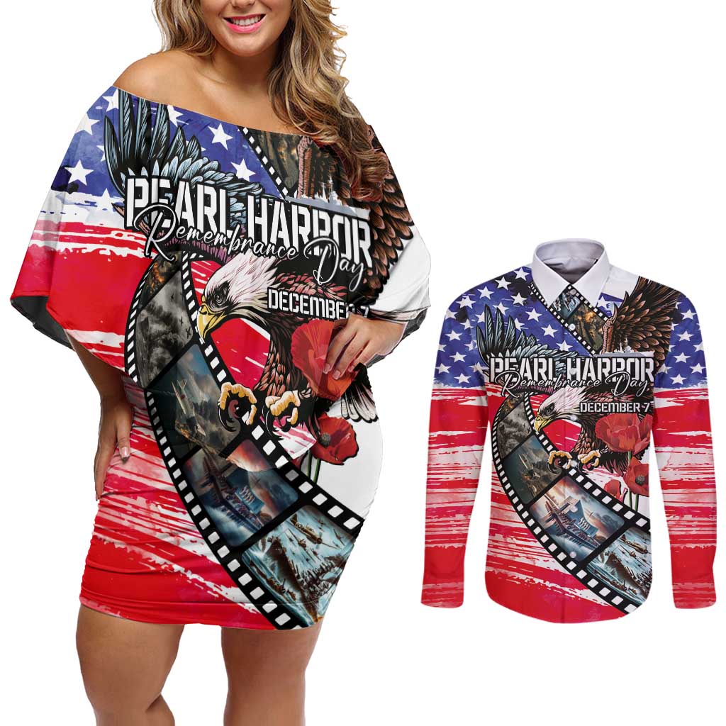 Pearl Harbor Remembrance Day Personalized Couples Matching Off Shoulder Short Dress and Long Sleeve Button Shirt Lest We Forget - The Bald Eagle Remembers LT03 White - Polynesian Pride