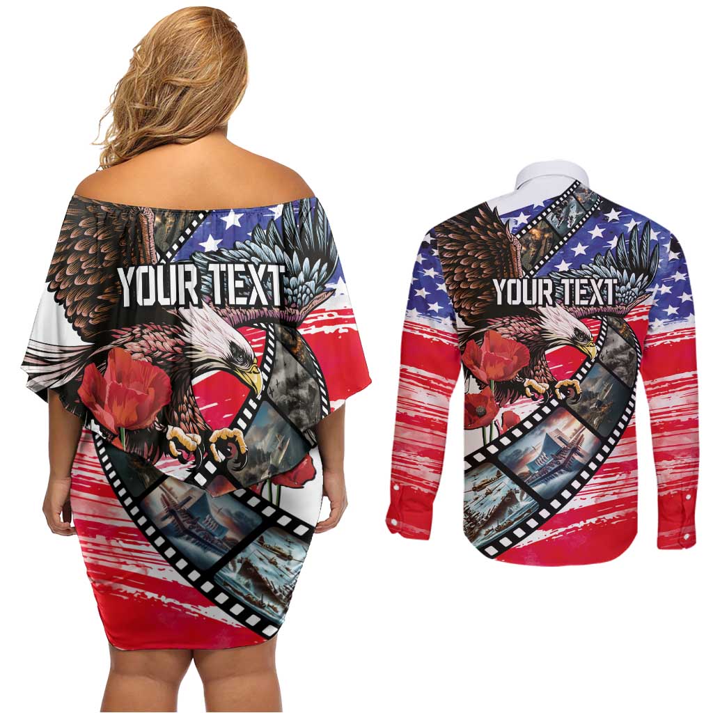 Pearl Harbor Remembrance Day Personalized Couples Matching Off Shoulder Short Dress and Long Sleeve Button Shirt Lest We Forget - The Bald Eagle Remembers - Polynesian Pride