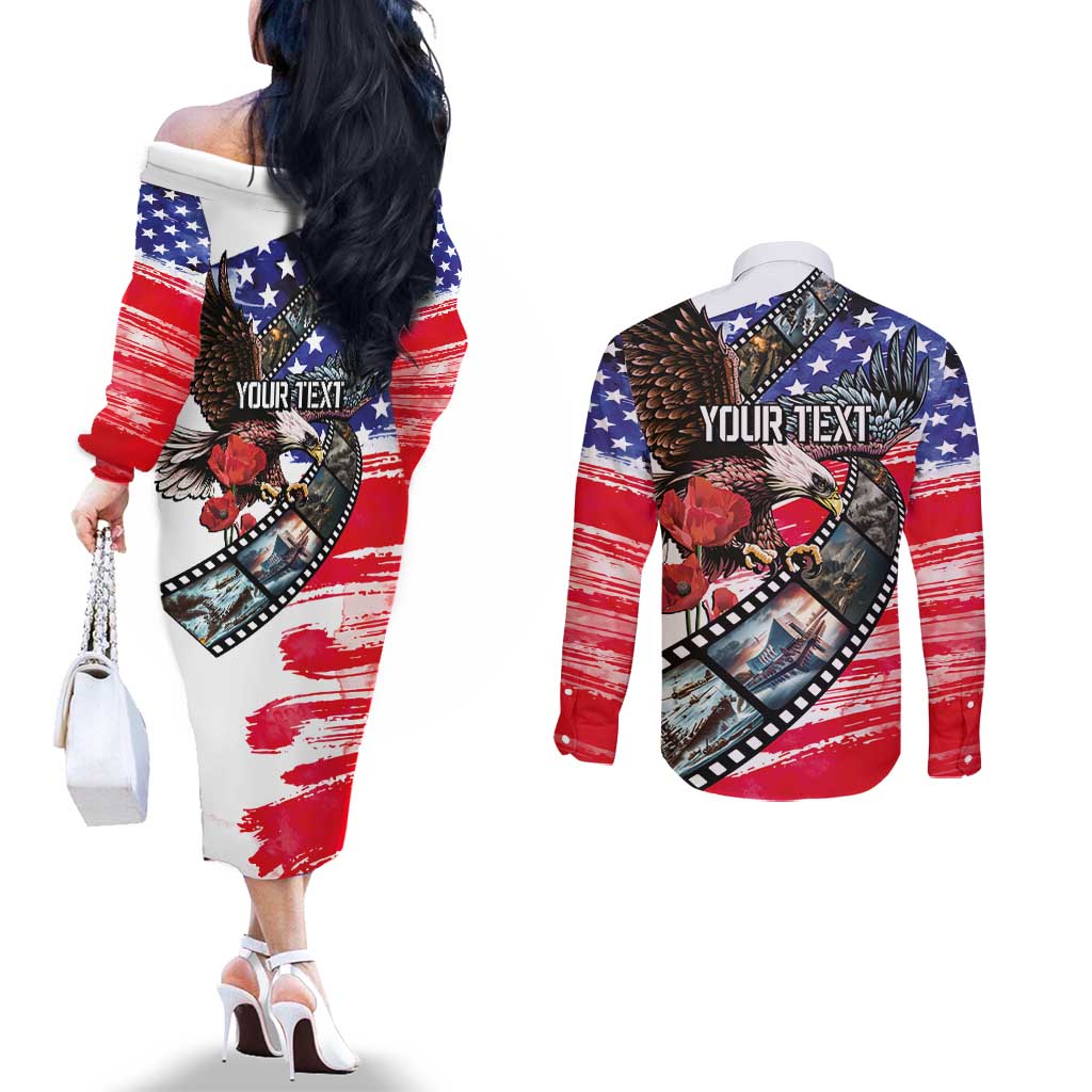 Pearl Harbor Remembrance Day Personalized Couples Matching Off The Shoulder Long Sleeve Dress and Long Sleeve Button Shirt Lest We Forget - The Bald Eagle Remembers - Polynesian Pride