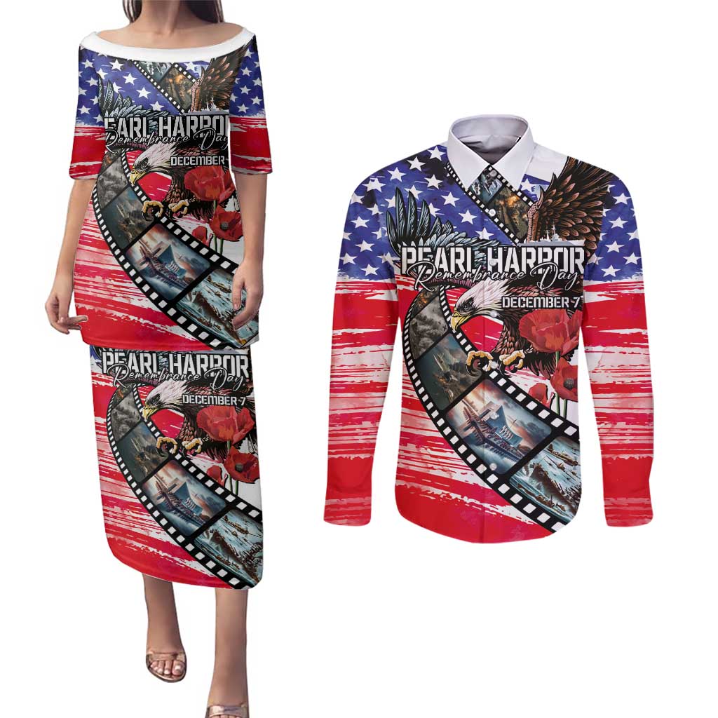 Pearl Harbor Remembrance Day Personalized Couples Matching Puletasi and Long Sleeve Button Shirt Lest We Forget - The Bald Eagle Remembers LT03 White - Polynesian Pride