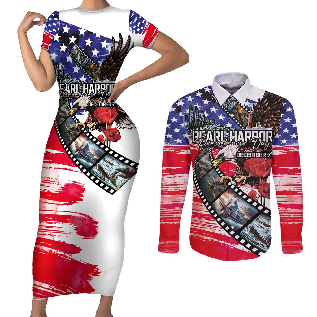 Pearl Harbor Remembrance Day Personalized Couples Matching Short Sleeve Bodycon Dress and Long Sleeve Button Shirt Lest We Forget - The Bald Eagle Remembers LT03 White - Polynesian Pride