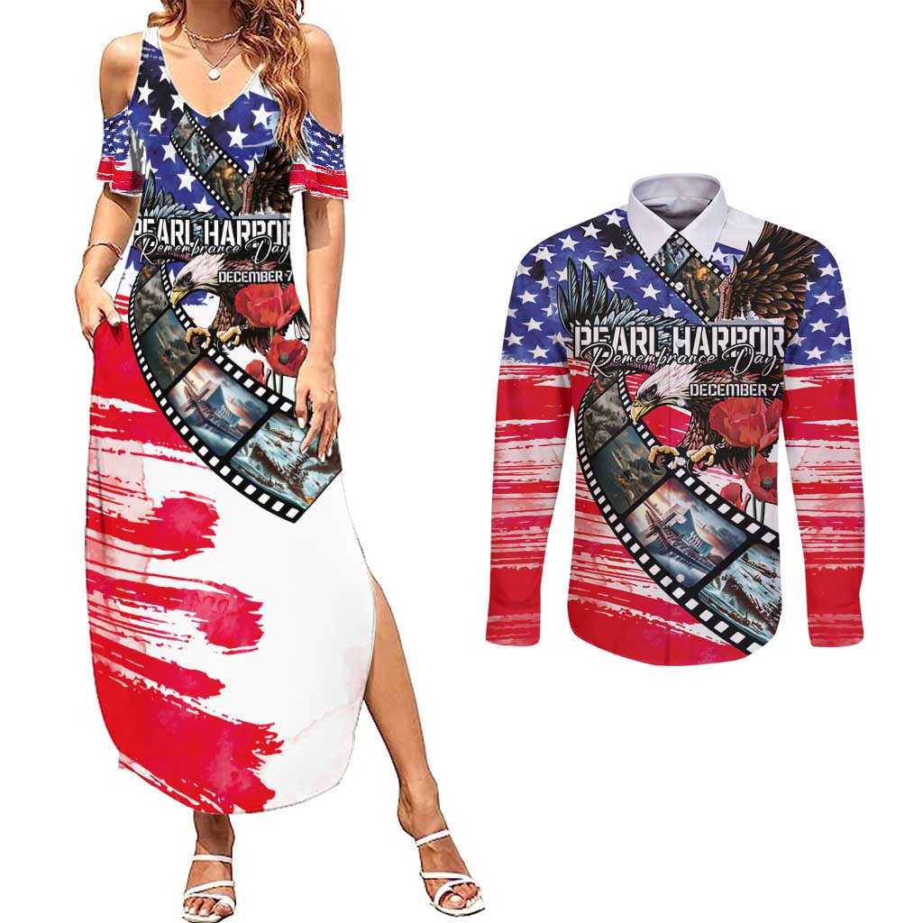 Pearl Harbor Remembrance Day Personalized Couples Matching Summer Maxi Dress and Long Sleeve Button Shirt Lest We Forget - The Bald Eagle Remembers LT03 White - Polynesian Pride