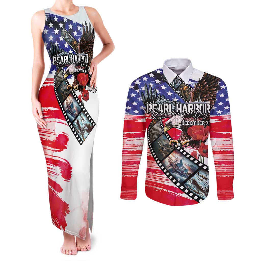 Pearl Harbor Remembrance Day Personalized Couples Matching Tank Maxi Dress and Long Sleeve Button Shirt Lest We Forget - The Bald Eagle Remembers LT03 White - Polynesian Pride