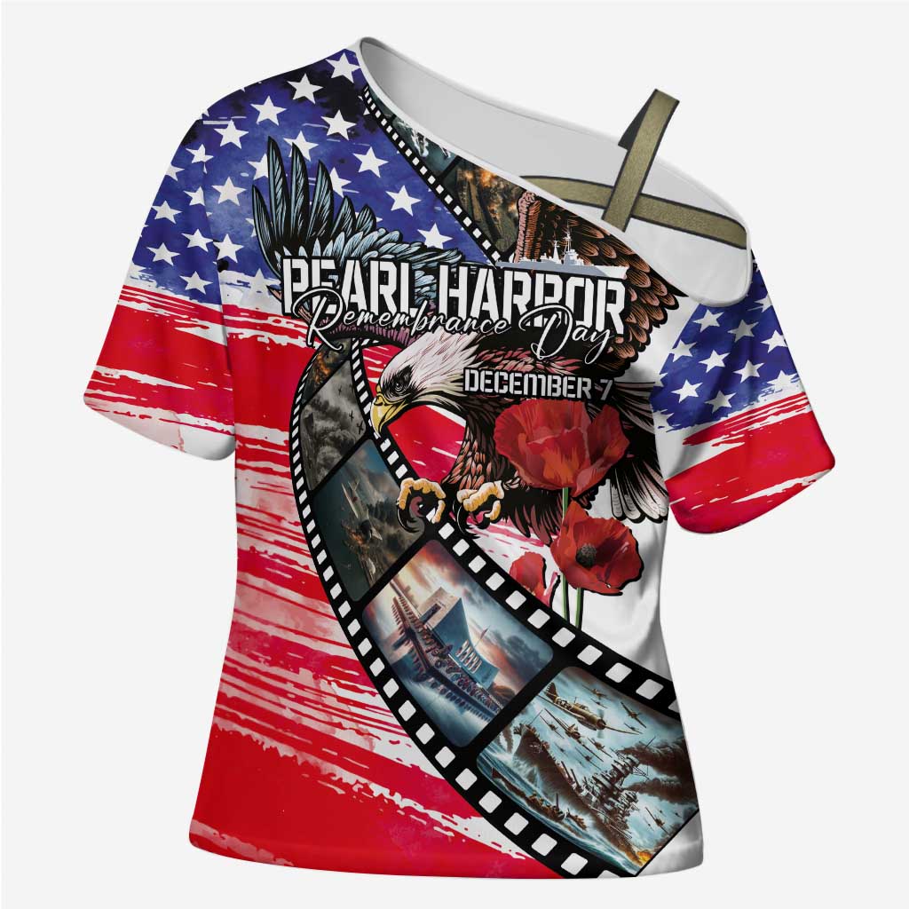 Pearl Harbor Remembrance Day Personalized Cross Shoulder Shirt Lest We Forget - The Bald Eagle Remembers LT03 Female White - Polynesian Pride