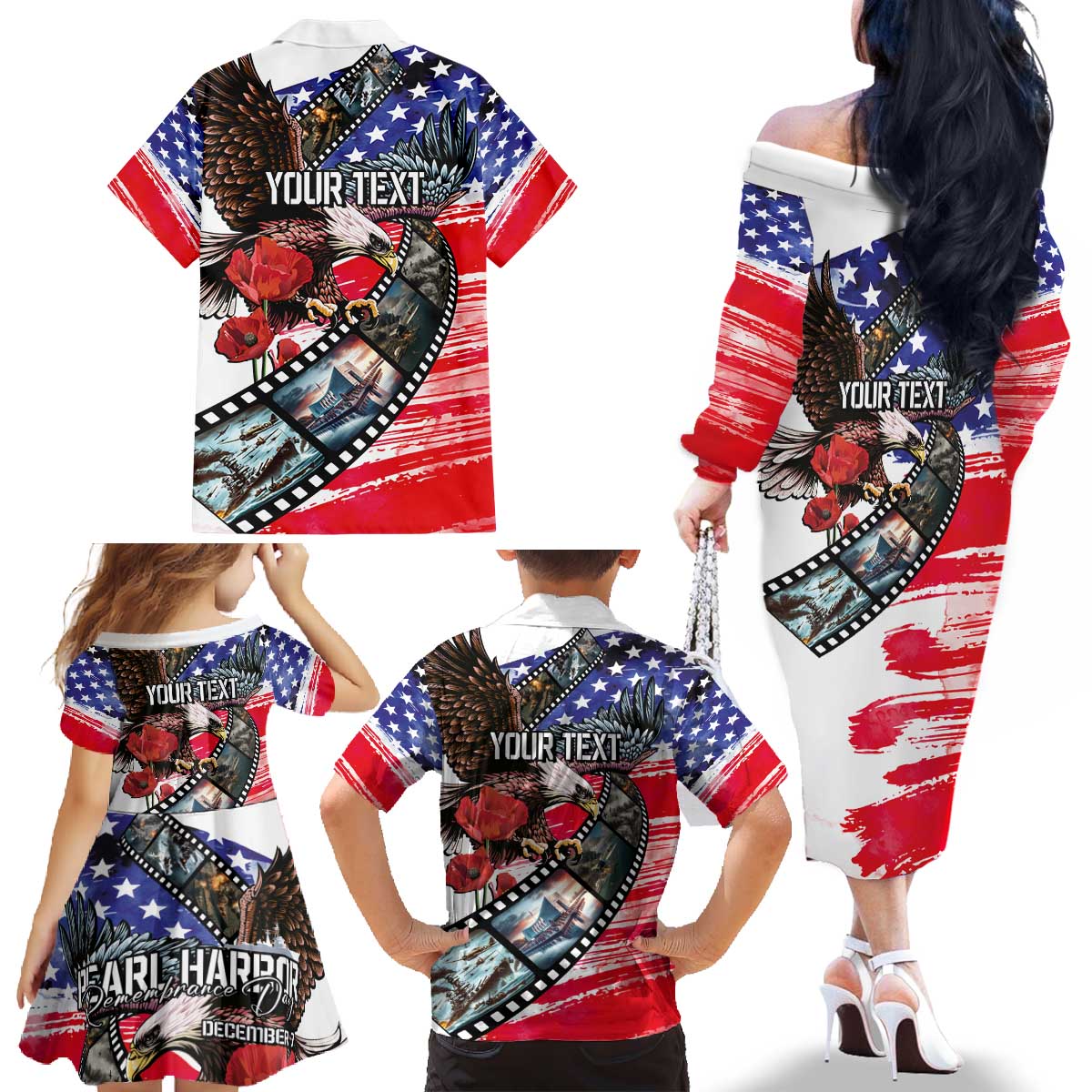 Pearl Harbor Remembrance Day Personalized Family Matching Off The Shoulder Long Sleeve Dress and Hawaiian Shirt Lest We Forget - The Bald Eagle Remembers LT03 - Polynesian Pride