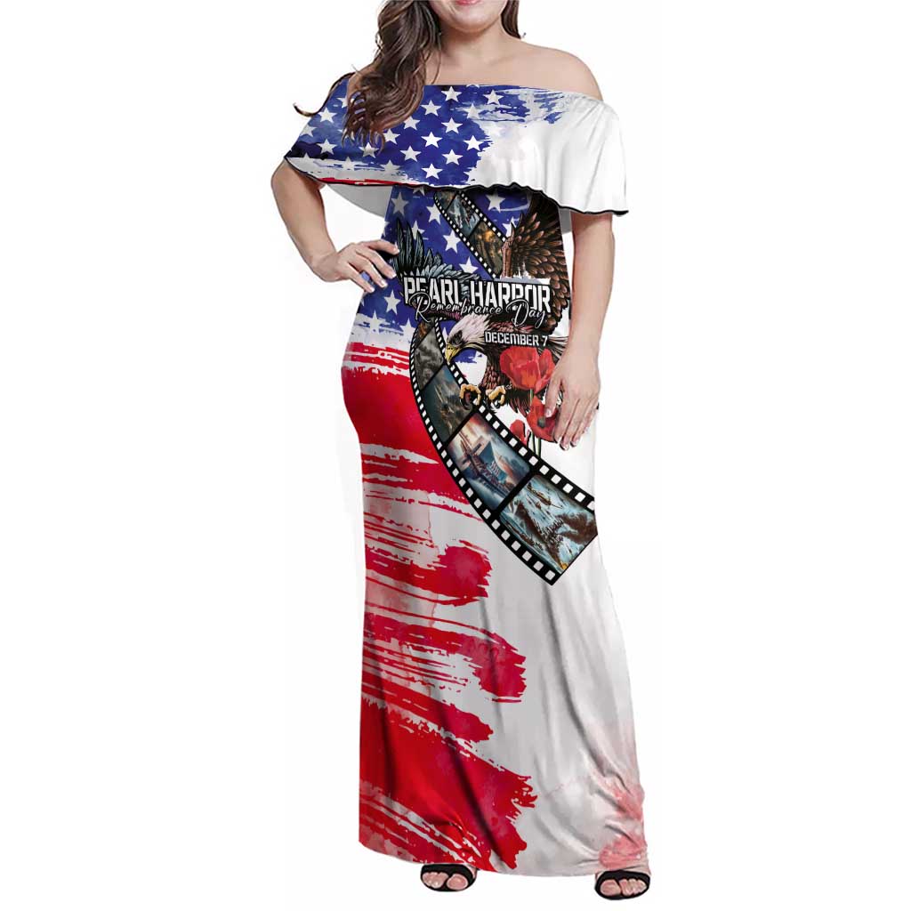 Pearl Harbor Remembrance Day Personalized Family Matching Off Shoulder Maxi Dress and Hawaiian Shirt Lest We Forget - The Bald Eagle Remembers LT03 Mom's Dress White - Polynesian Pride