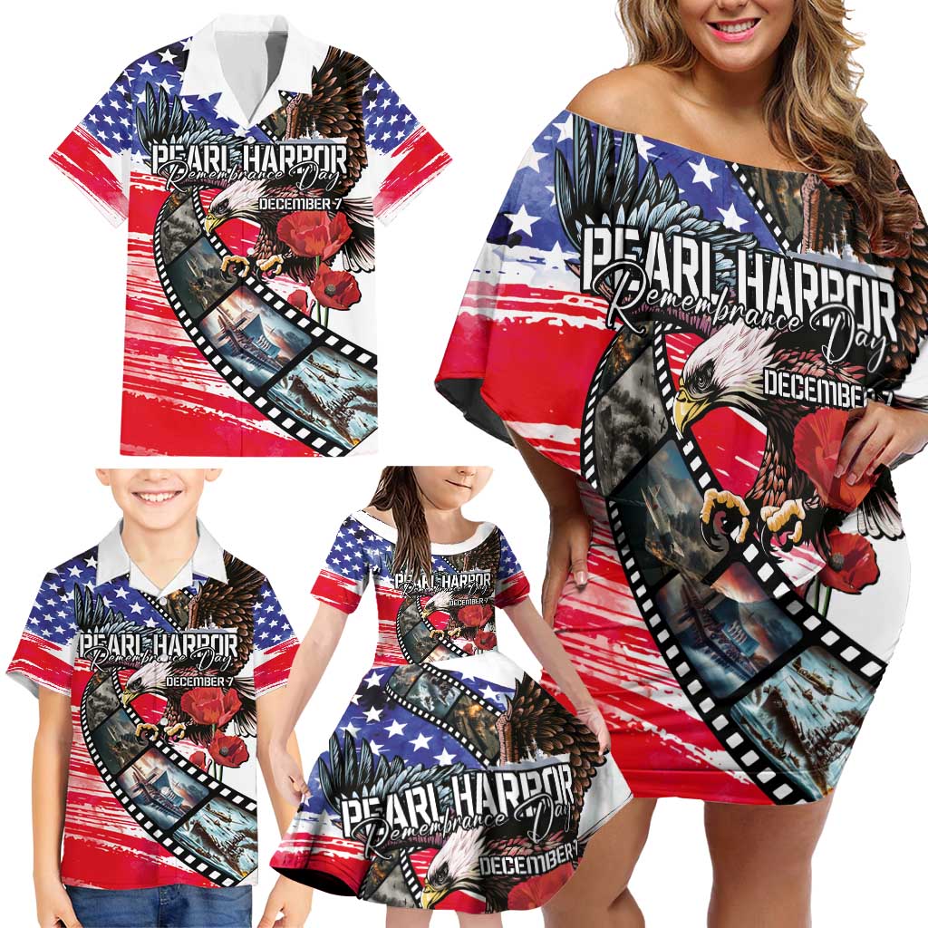 Pearl Harbor Remembrance Day Personalized Family Matching Off Shoulder Short Dress and Hawaiian Shirt Lest We Forget - The Bald Eagle Remembers LT03 - Polynesian Pride