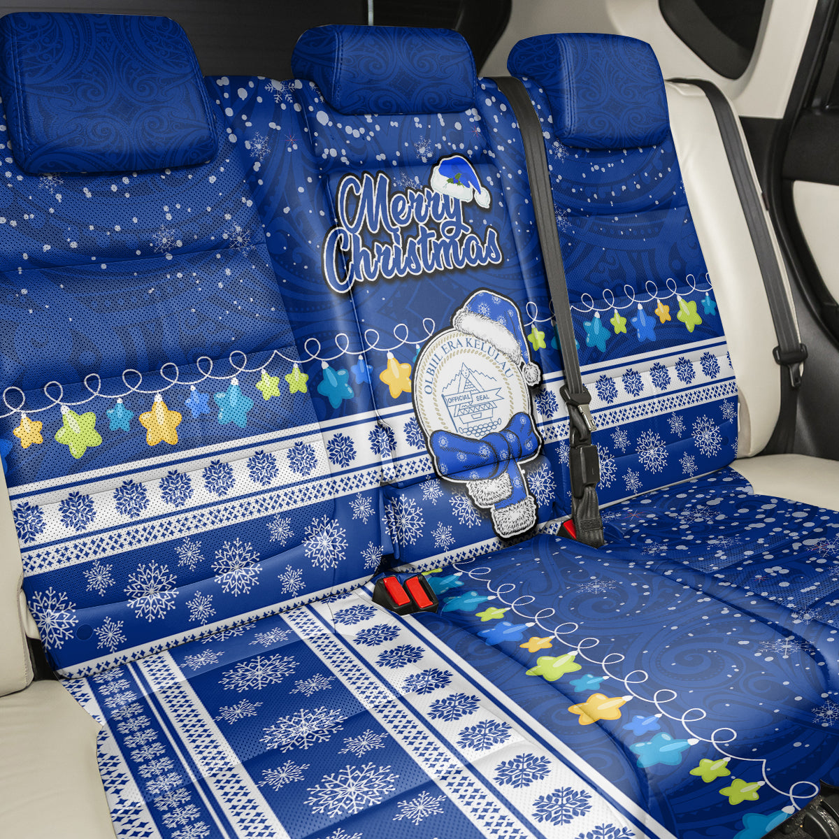 Palau Christmas Back Car Seat Cover Snowman Hugs Palau Coat of Arms Maori Pattern Blue Style LT03 - Polynesian Pride