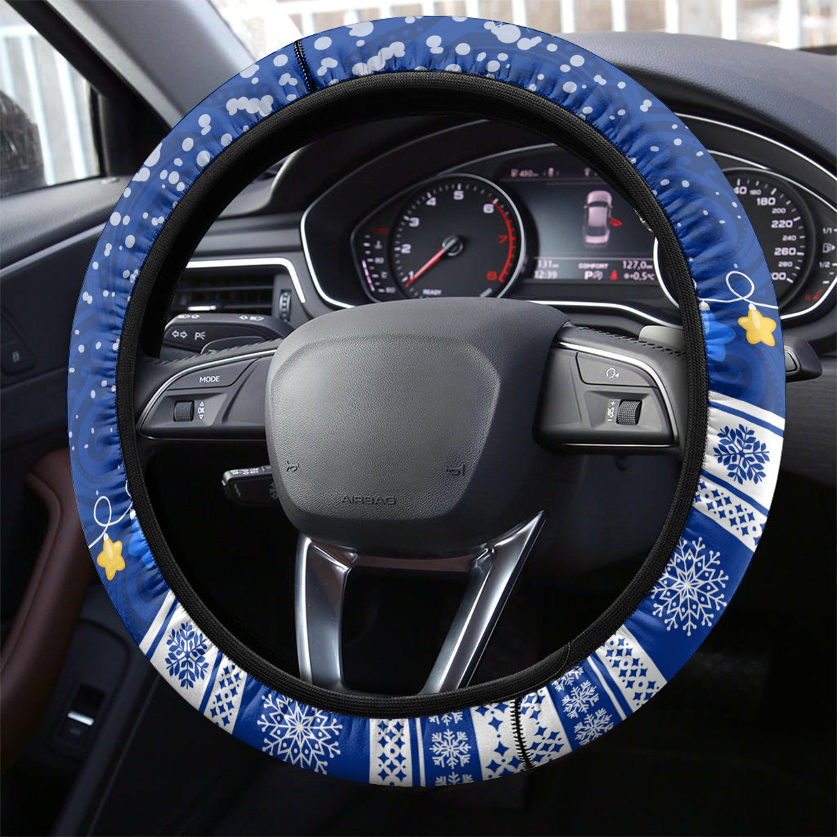 Palau Christmas Steering Wheel Cover Snowman Hugs Palau Coat of Arms Maori Pattern Blue Style LT03 - Polynesian Pride