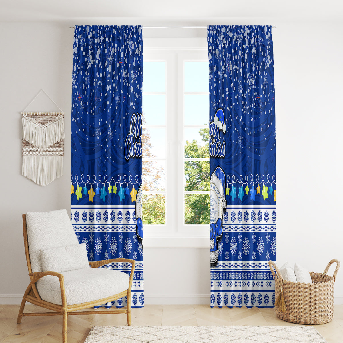 Palau Christmas Window Curtain Snowman Hugs Palau Coat of Arms Maori Pattern Blue Style LT03 - Polynesian Pride