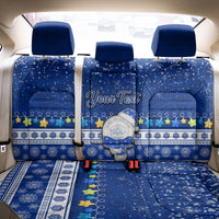 Personalised Palau Christmas Back Car Seat Cover Snowman Hugs Palau Coat of Arms Maori Pattern Blue Style LT03 - Polynesian Pride