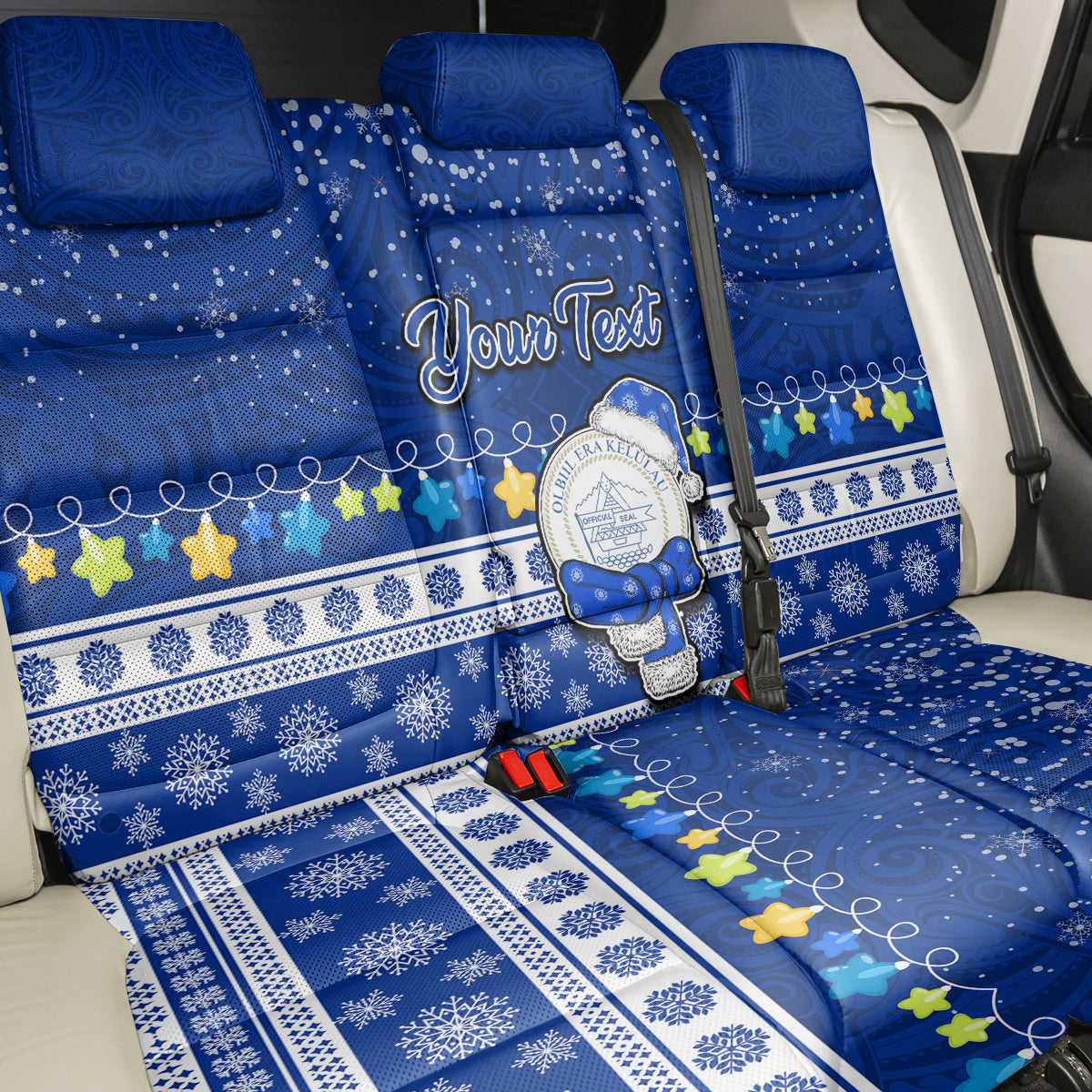 Personalised Palau Christmas Back Car Seat Cover Snowman Hugs Palau Coat of Arms Maori Pattern Blue Style LT03 - Polynesian Pride