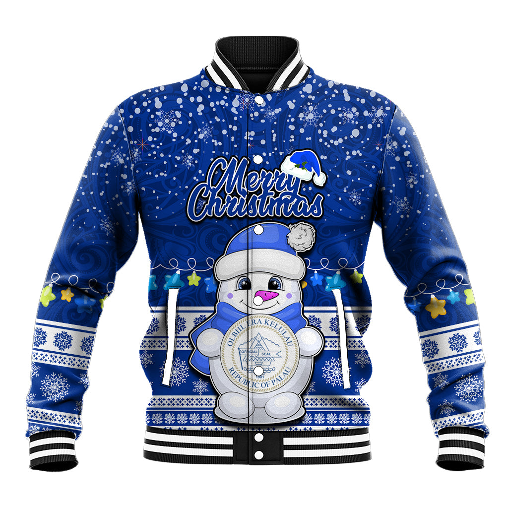 Personalised Palau Christmas Baseball Jacket Snowman Hugs Palau Coat of Arms Maori Pattern Blue Style LT03 Unisex Blue - Polynesian Pride