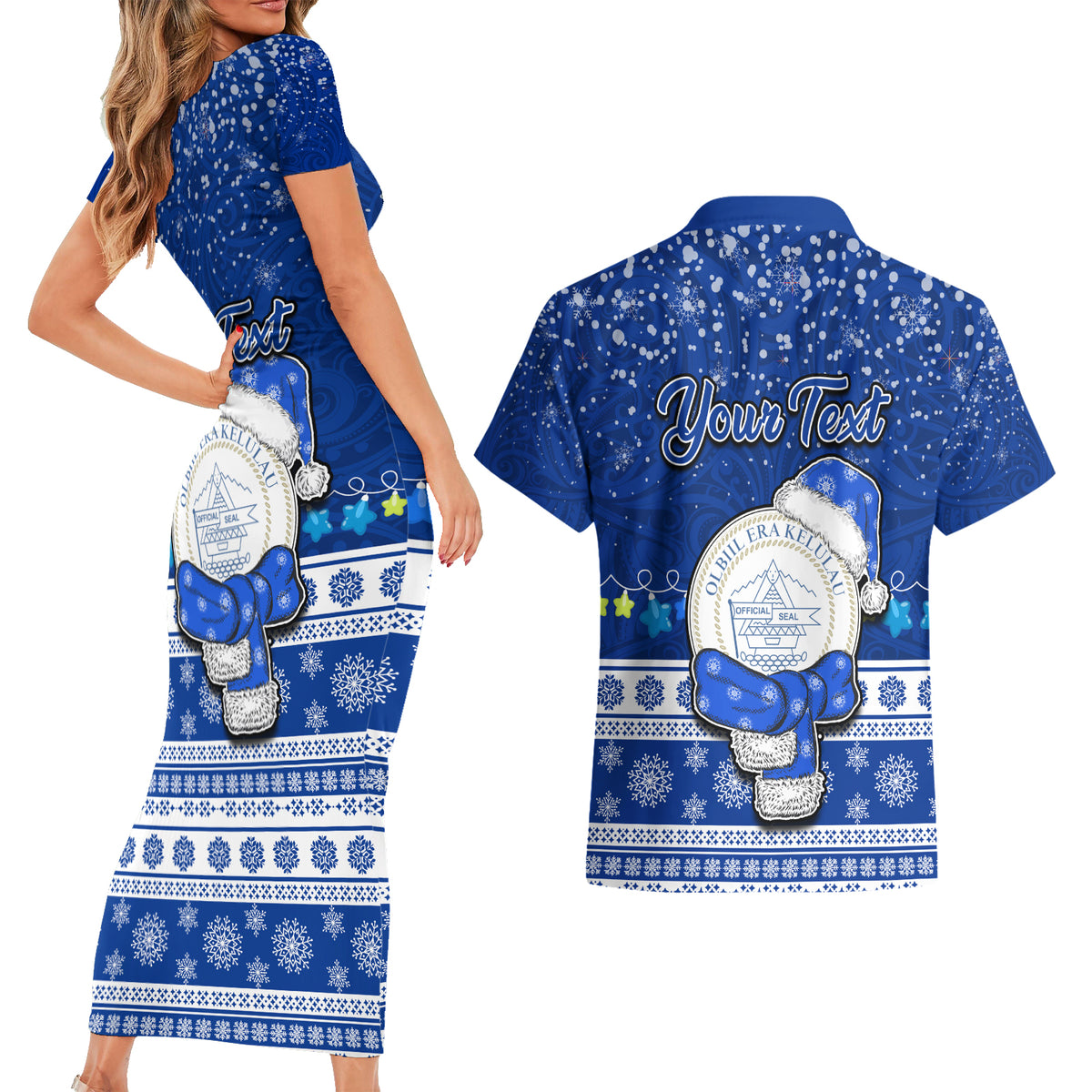 Personalised Palau Christmas Couples Matching Short Sleeve Bodycon Dress and Hawaiian Shirt Snowman Hugs Palau Coat of Arms Maori Pattern Blue Style LT03 - Polynesian Pride