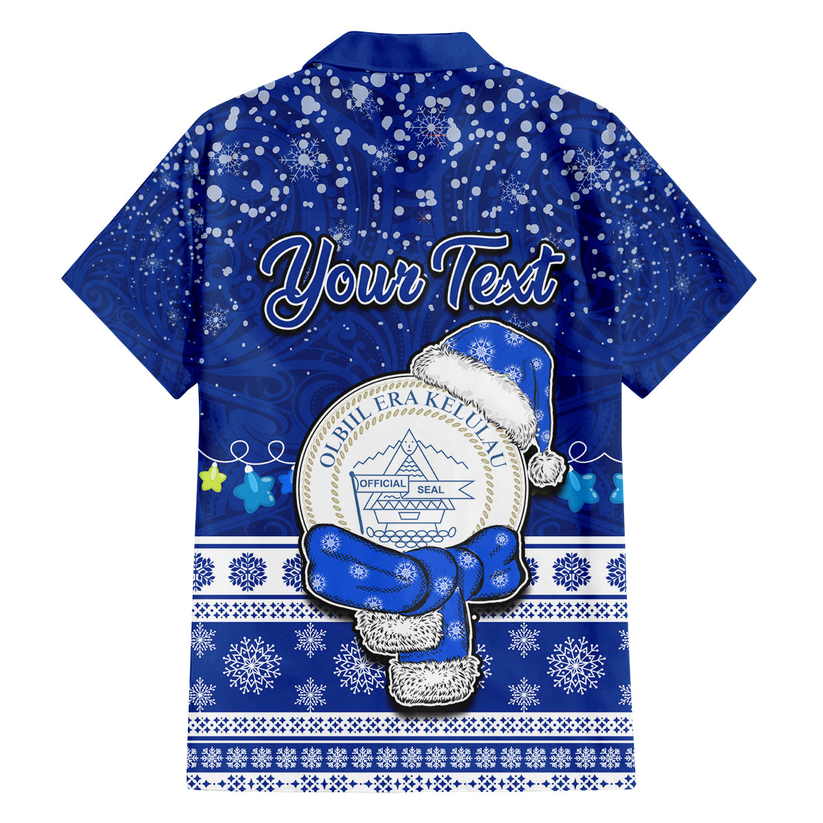 Personalised Palau Christmas Family Matching Off Shoulder Long Sleeve Dress and Hawaiian Shirt Snowman Hugs Palau Coat of Arms Maori Pattern Blue Style LT03 - Polynesian Pride