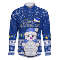 Personalised Palau Christmas Family Matching Off Shoulder Short Dress and Hawaiian Shirt Snowman Hugs Palau Coat of Arms Maori Pattern Blue Style LT03 Dad's Shirt - Long Sleeve Blue - Polynesian Pride