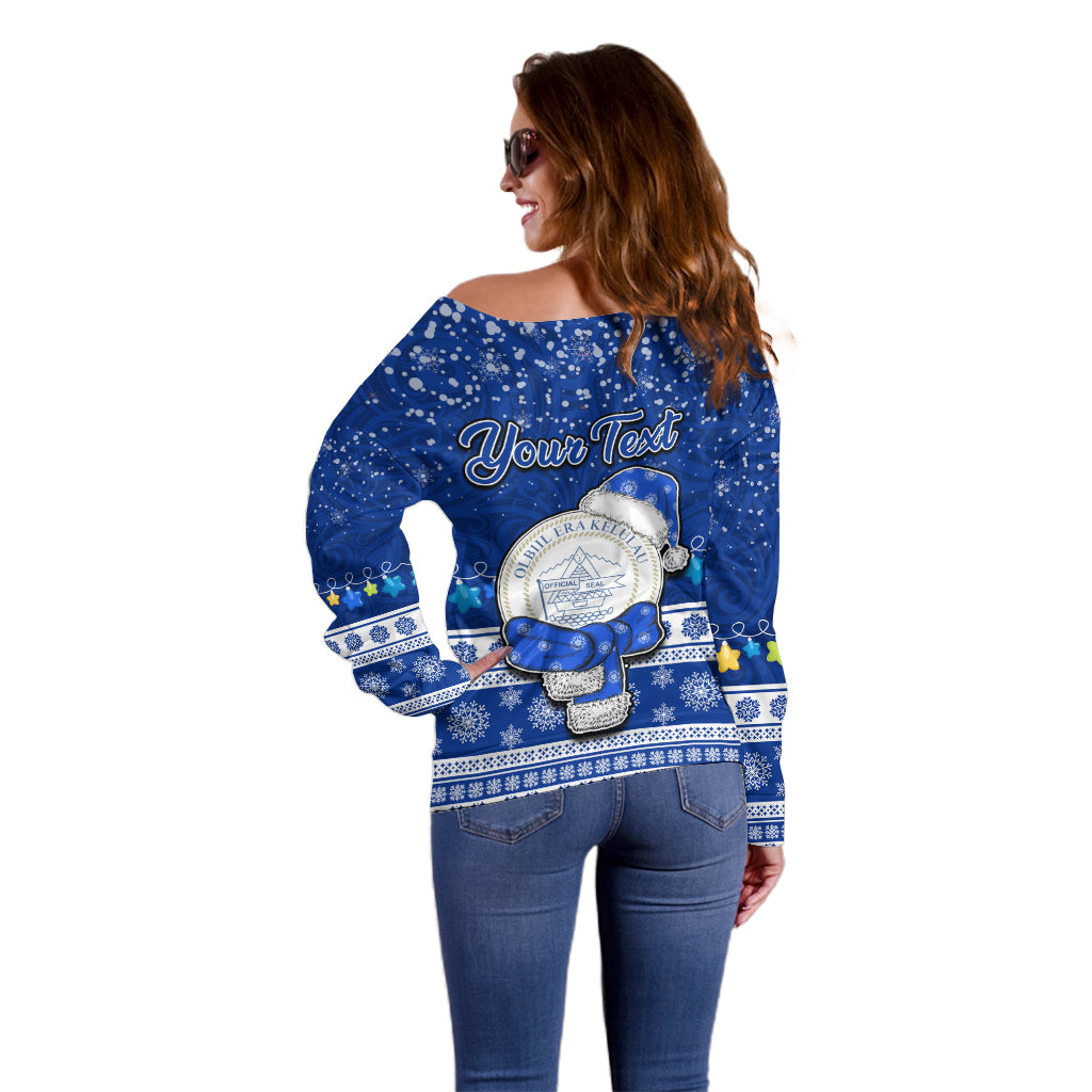 Personalised Palau Christmas Off Shoulder Sweater Snowman Hugs Palau Coat of Arms Maori Pattern Blue Style LT03 - Polynesian Pride