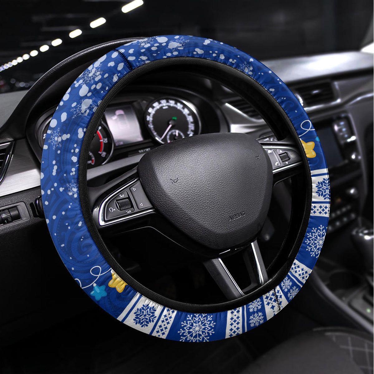 Palau Christmas Steering Wheel Cover Snowman Hugs Palau Coat of Arms Maori Pattern Blue Style LT03 Universal Fit Blue - Polynesian Pride