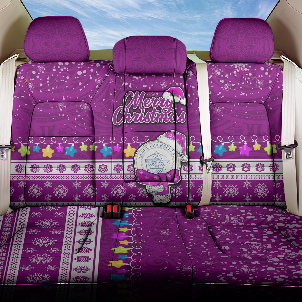 Palau Christmas Back Car Seat Cover Snowman Hugs Palau Coat of Arms Maori Pattern Pink Style LT03 One Size Pink - Polynesian Pride