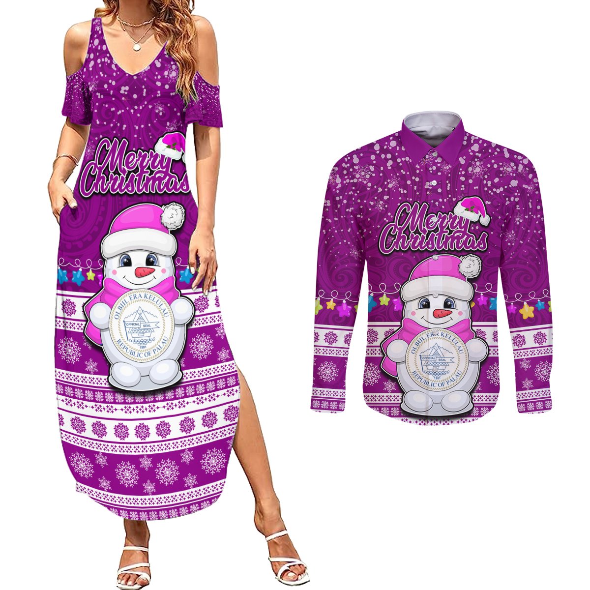 Palau Christmas Couples Matching Summer Maxi Dress and Long Sleeve Button Shirt Snowman Hugs Palau Coat of Arms Maori Pattern Pink Style LT03 Pink - Polynesian Pride