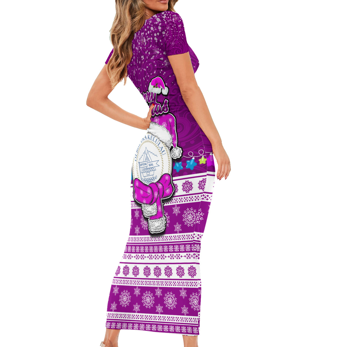 Palau Christmas Short Sleeve Bodycon Dress Snowman Hugs Palau Coat of Arms Maori Pattern Pink Style LT03 - Polynesian Pride