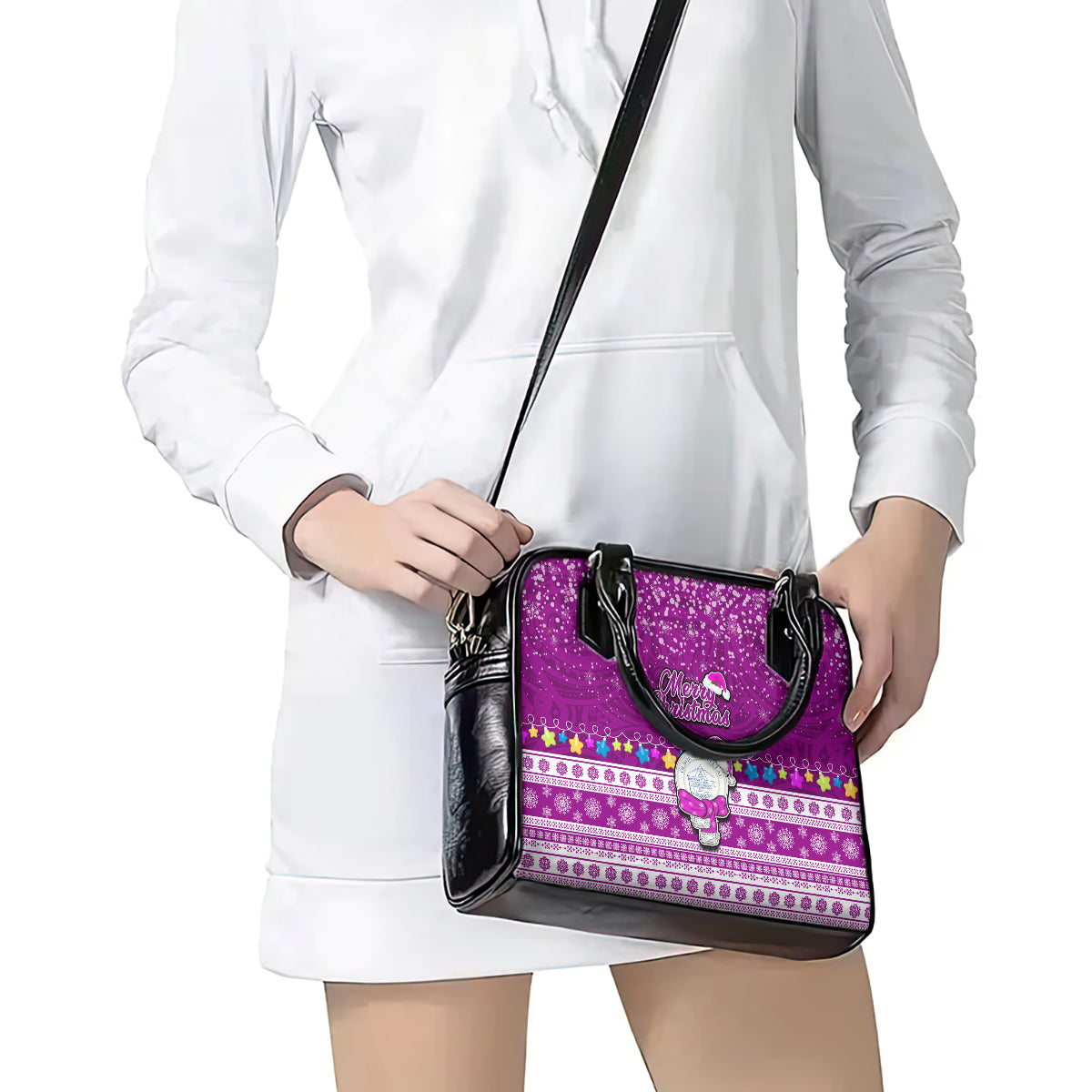 Palau Christmas Shoulder Handbag Snowman Hugs Palau Coat of Arms Maori Pattern Pink Style LT03 - Polynesian Pride