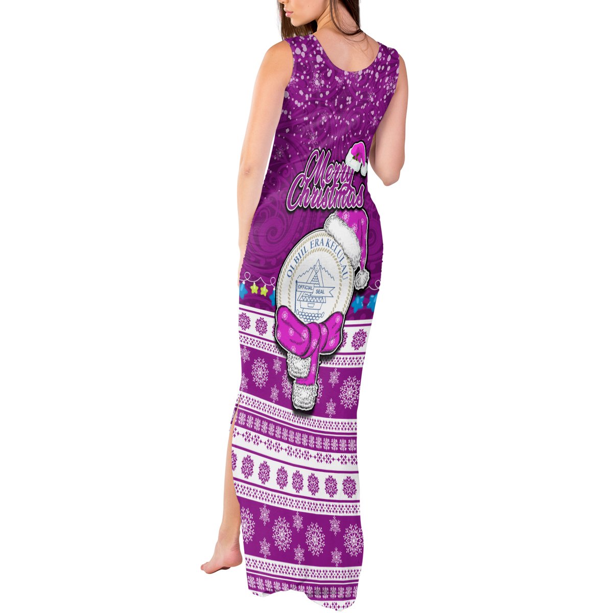 Palau Christmas Tank Maxi Dress Snowman Hugs Palau Coat of Arms Maori Pattern Pink Style LT03 - Polynesian Pride