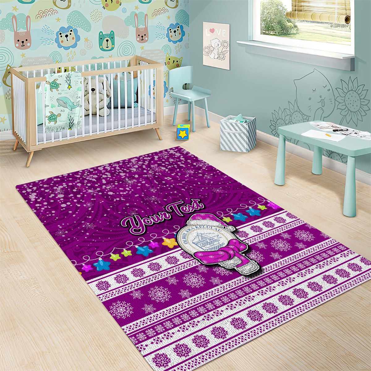 Personalised Palau Christmas Area Rug Snowman Hugs Palau Coat of Arms Maori Pattern Pink Style LT03 - Polynesian Pride