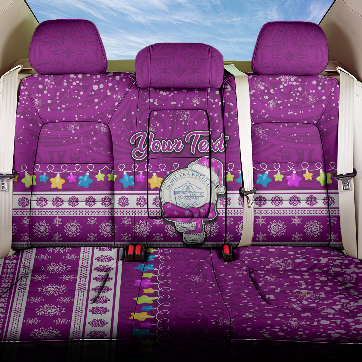 Personalised Palau Christmas Back Car Seat Cover Snowman Hugs Palau Coat of Arms Maori Pattern Pink Style LT03 One Size Pink - Polynesian Pride