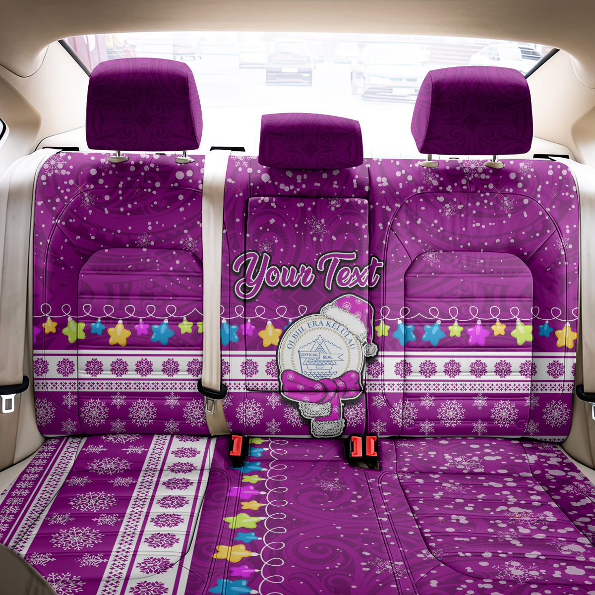 Personalised Palau Christmas Back Car Seat Cover Snowman Hugs Palau Coat of Arms Maori Pattern Pink Style LT03 - Polynesian Pride