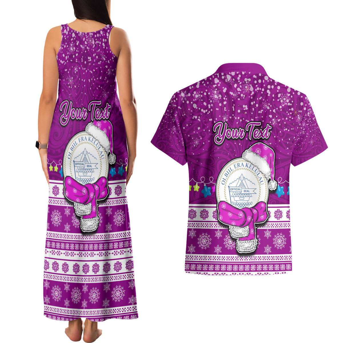 Personalised Palau Christmas Couples Matching Tank Maxi Dress and Hawaiian Shirt Snowman Hugs Palau Coat of Arms Maori Pattern Pink Style LT03 - Polynesian Pride