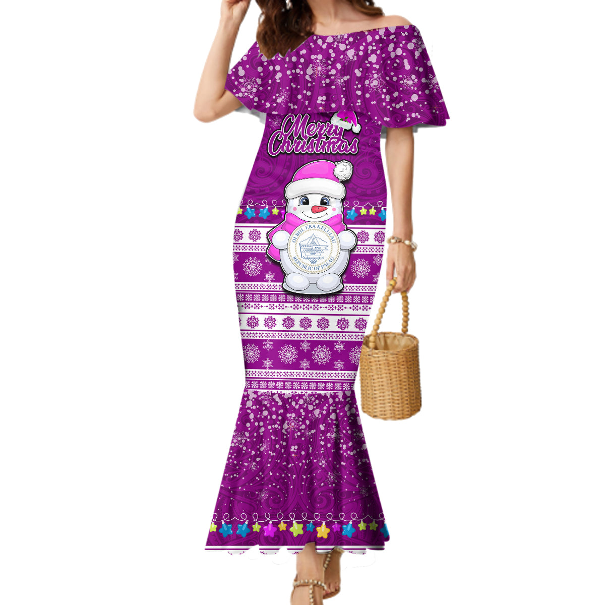 Personalised Palau Christmas Family Matching Mermaid Dress and Hawaiian Shirt Snowman Hugs Palau Coat of Arms Maori Pattern Pink Style LT03 Mom's Dress Pink - Polynesian Pride