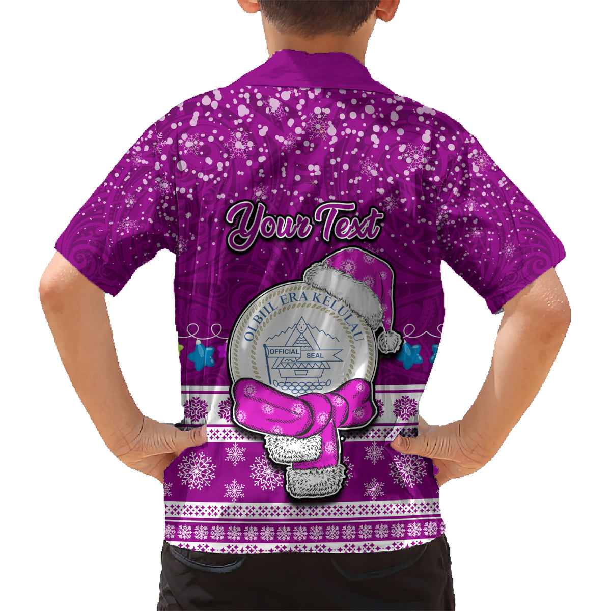 Personalised Palau Christmas Kid Hawaiian Shirt Snowman Hugs Palau Coat of Arms Maori Pattern Pink Style LT03 - Polynesian Pride