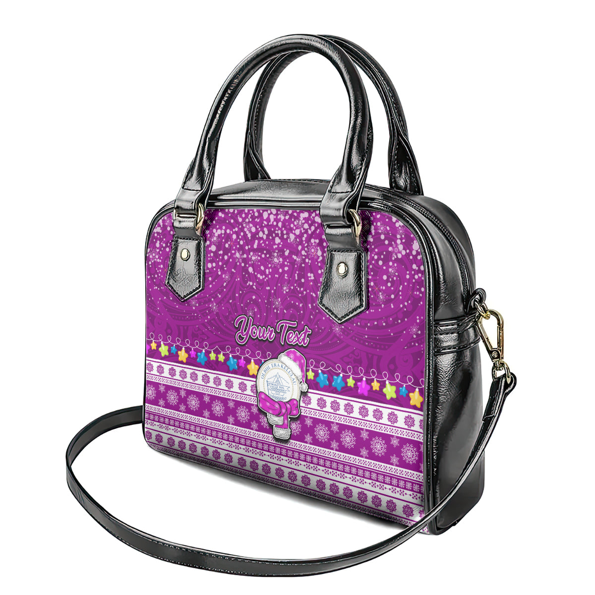 Personalised Palau Christmas Shoulder Handbag Snowman Hugs Palau Coat of Arms Maori Pattern Pink Style LT03 - Polynesian Pride
