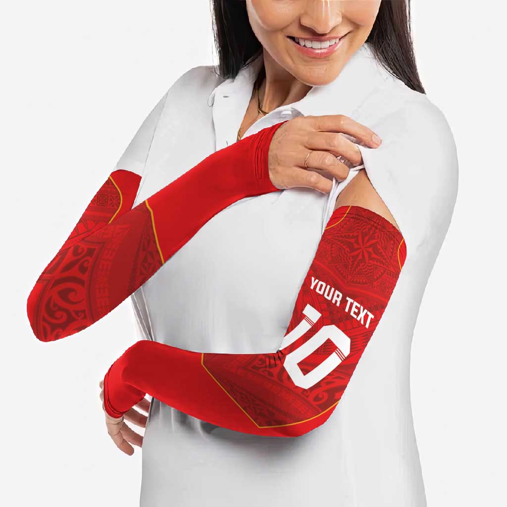 Custom Mate Ma'a Tonga Rugby Arm Sleeves Ngatu Tribal Motifs Sporty Style - Polynesian Pride