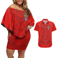 Custom Mate Ma'a Tonga Rugby Couples Matching Off Shoulder Short Dress and Hawaiian Shirt Ngatu Tribal Motifs Sporty Style - Polynesian Pride