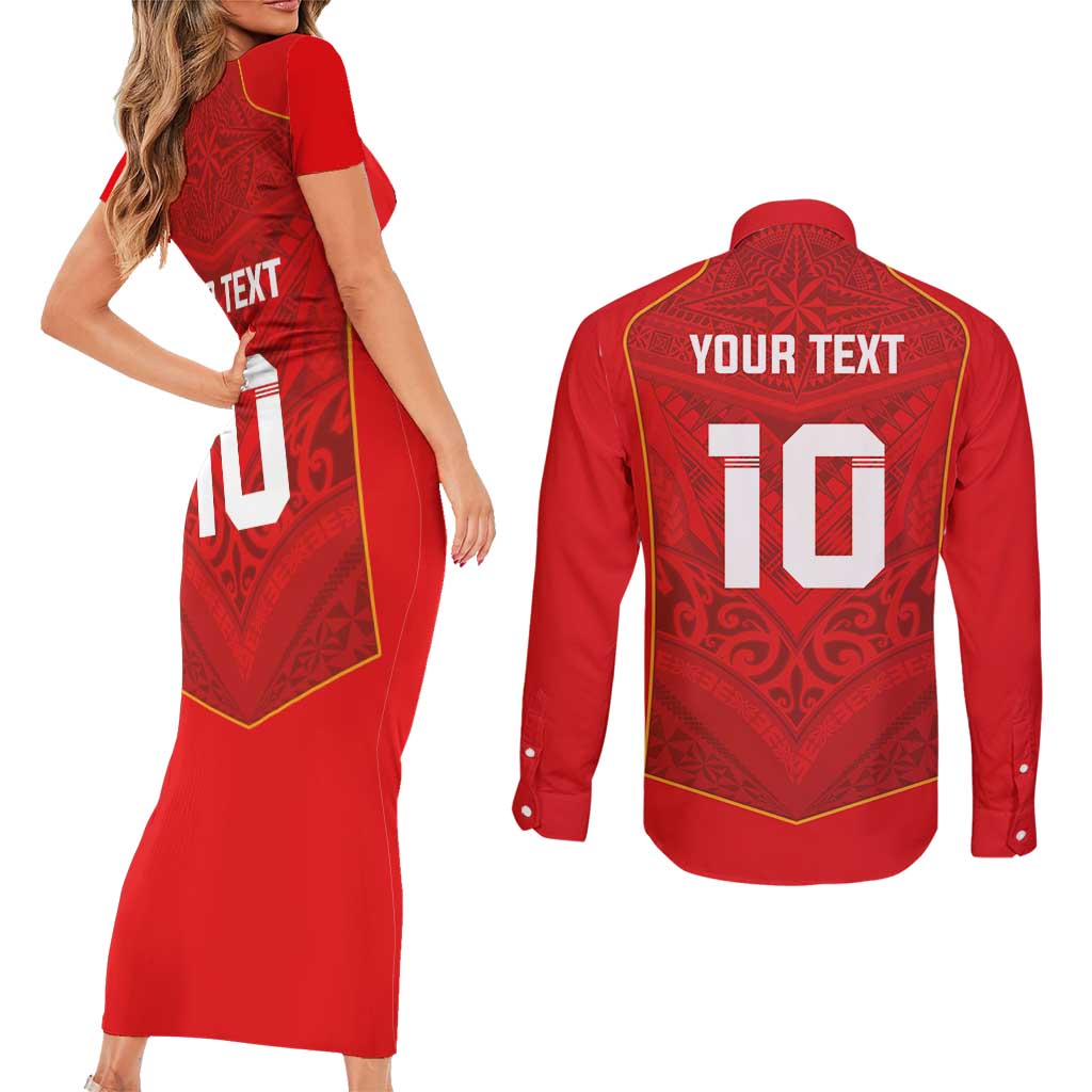 Custom Mate Ma'a Tonga Rugby Couples Matching Short Sleeve Bodycon Dress and Long Sleeve Button Shirt Ngatu Tribal Motifs Sporty Style - Polynesian Pride