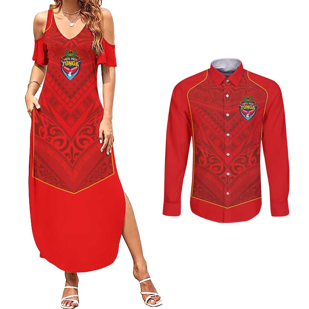 Custom Mate Ma'a Tonga Rugby Couples Matching Summer Maxi Dress and Long Sleeve Button Shirt Ngatu Tribal Motifs Sporty Style - Polynesian Pride