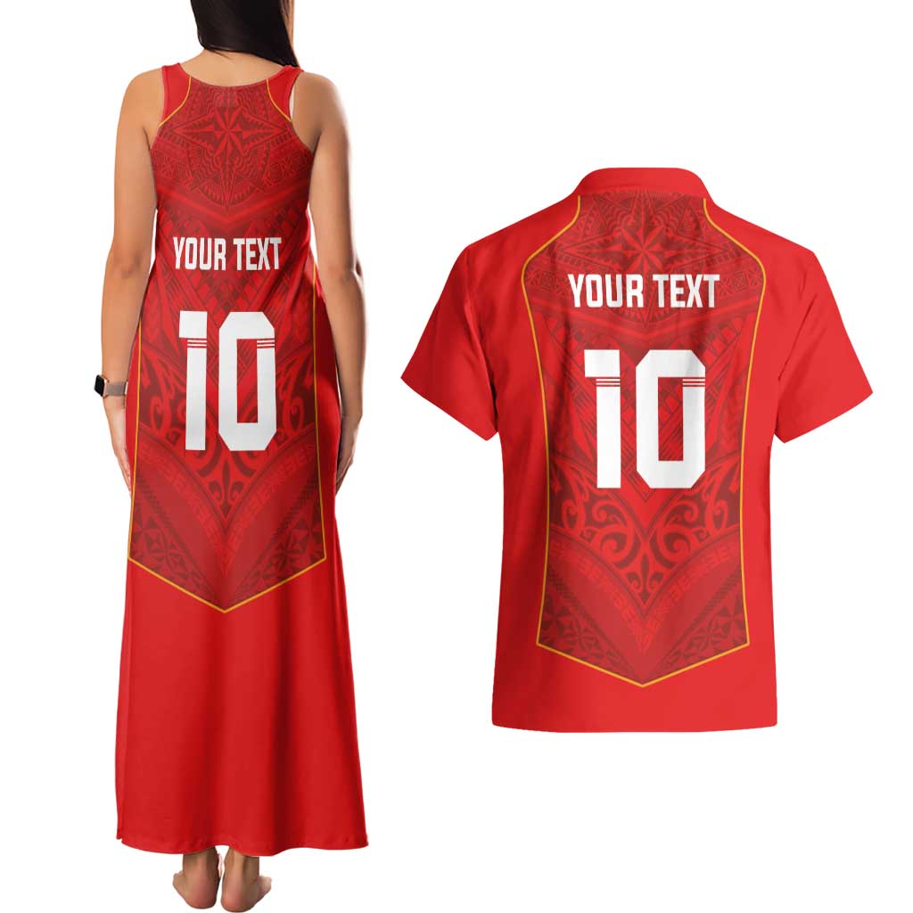 Custom Mate Ma'a Tonga Rugby Couples Matching Tank Maxi Dress and Hawaiian Shirt Ngatu Tribal Motifs Sporty Style - Polynesian Pride