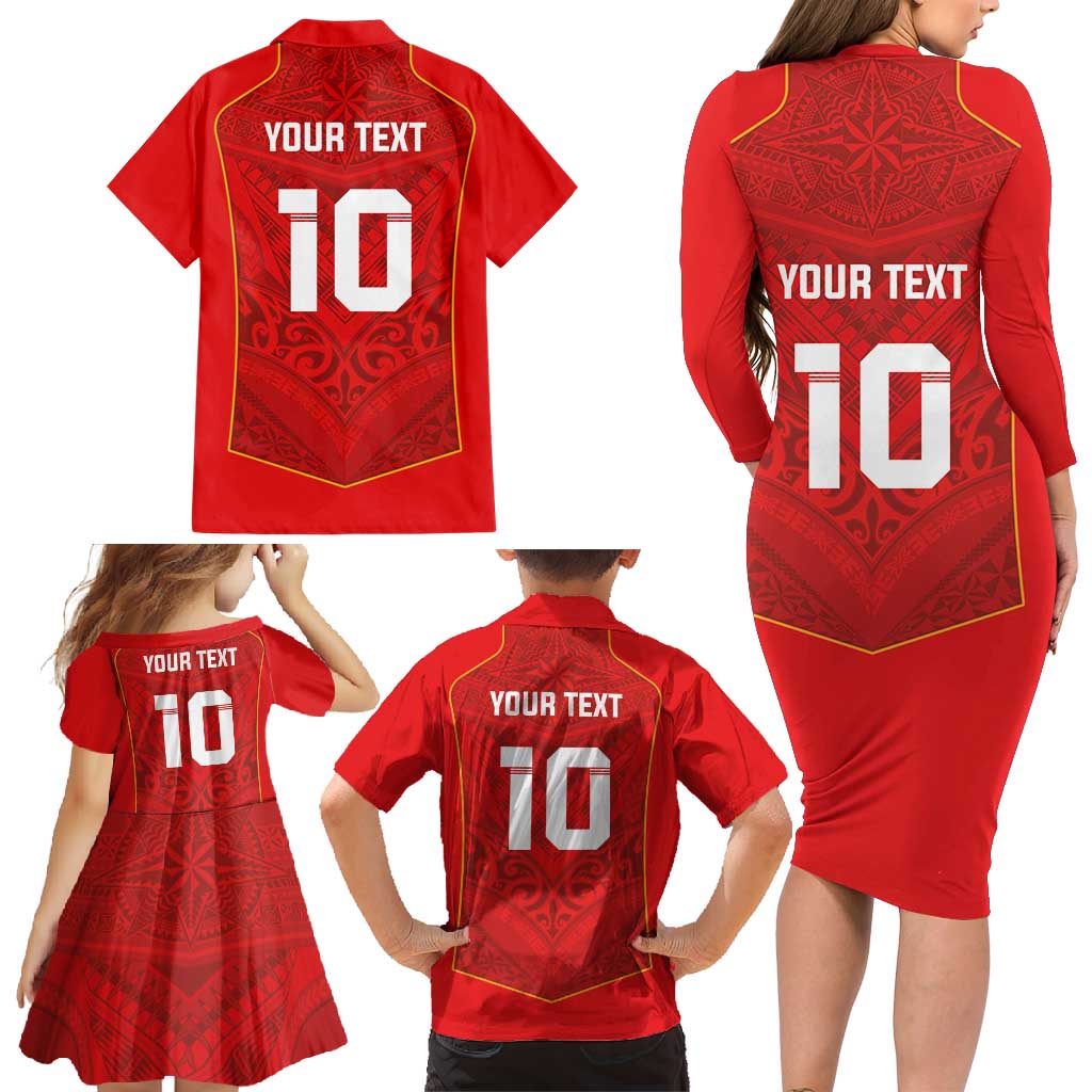Custom Mate Ma'a Tonga Rugby Family Matching Long Sleeve Bodycon Dress and Hawaiian Shirt Ngatu Tribal Motifs Sporty Style - Polynesian Pride