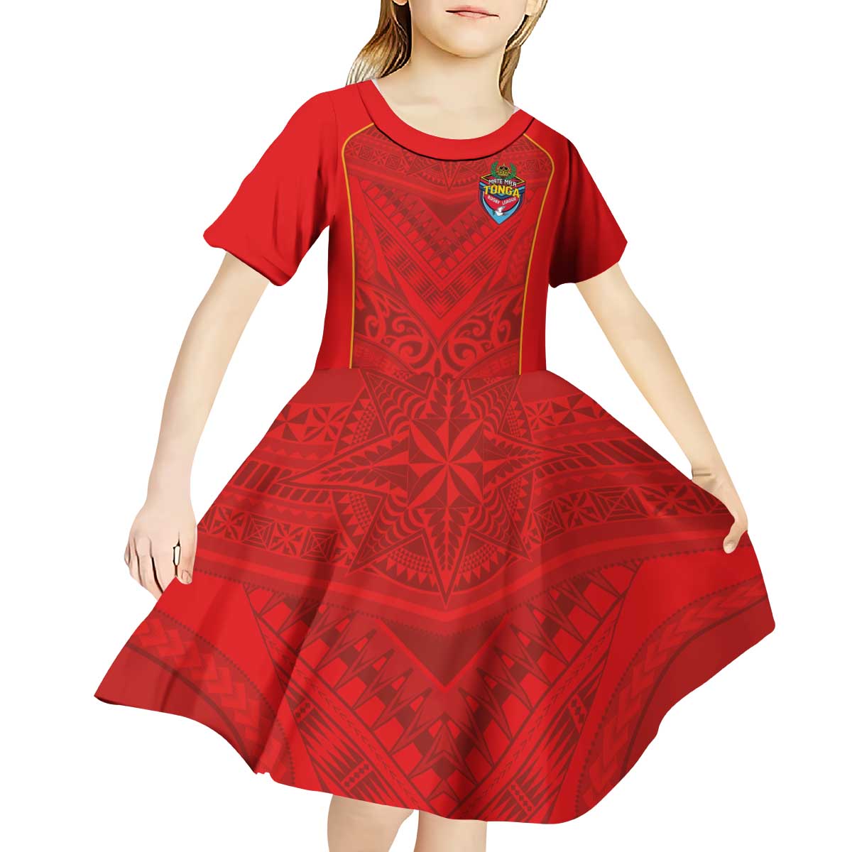 Custom Mate Ma'a Tonga Rugby Kid Short Sleeve Dress Ngatu Tribal Motifs Sporty Style - Polynesian Pride