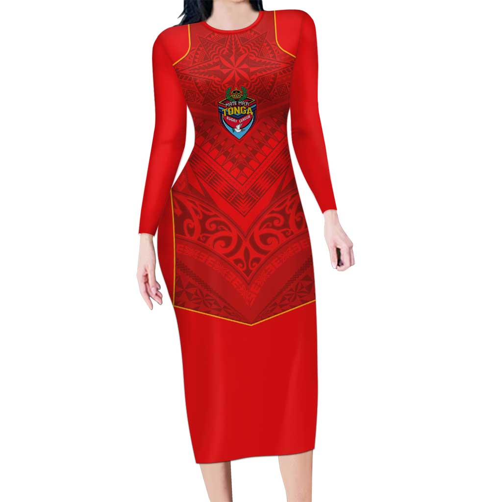 Custom Mate Ma'a Tonga Rugby Long Sleeve Bodycon Dress Ngatu Tribal Motifs Sporty Style - Polynesian Pride
