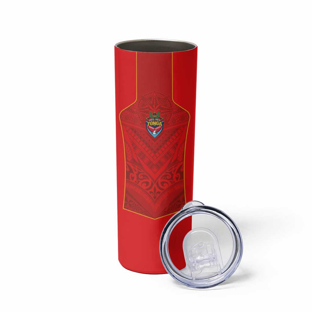 Custom Mate Ma'a Tonga Rugby Skinny Tumbler Ngatu Tribal Motifs Sporty Style - Polynesian Pride