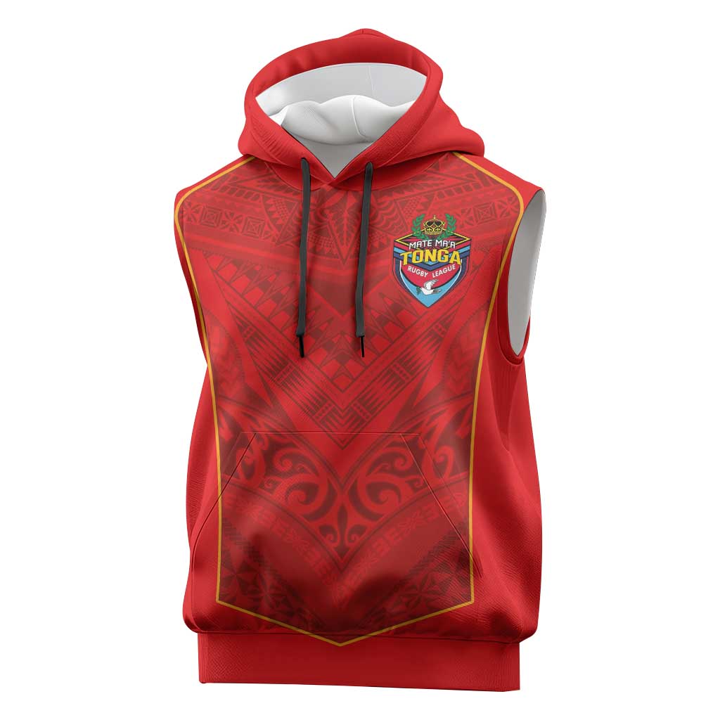 Custom Mate Ma'a Tonga Rugby Sleeveless Hoodie Ngatu Tribal Motifs Sporty Style - Polynesian Pride
