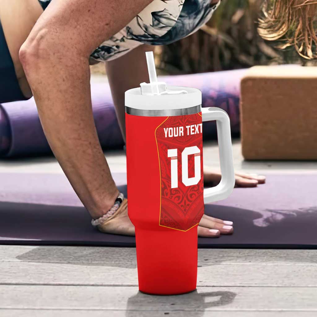 Custom Mate Ma'a Tonga Rugby Tumbler With Handle Ngatu Tribal Motifs Sporty Style - Polynesian Pride