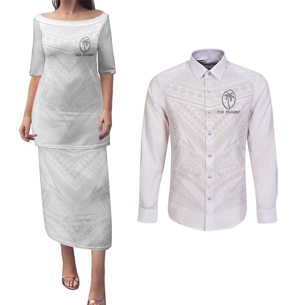 Custom Fiji Rugby Couples Matching Puletasi and Long Sleeve Button Shirt Tapa Tribal Motifs Sporty Style - Polynesian Pride